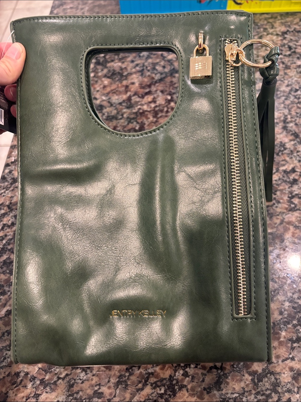 Green Leatherette Handheld Clutch with Gold Accent